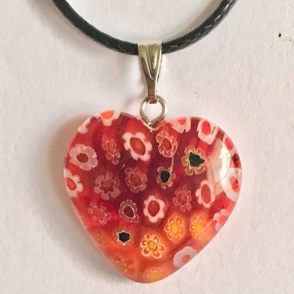 Orange Murano Glass Heart Necklace Millefiori Flowers Vintage Black Cord 18" - Picture 9 of 12
